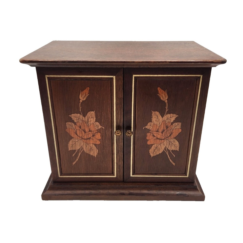 Vintage Wooden Jewelry Box Cabinet Velvet Lined Drawers Inlaid Doors Japan
